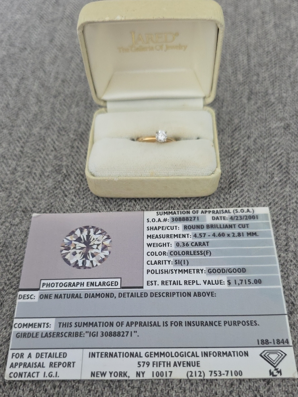 💎 Vintage Jared Natural Diamond 14K Gold Ring – 0.36 CT F SI1 – IGI Appraisal